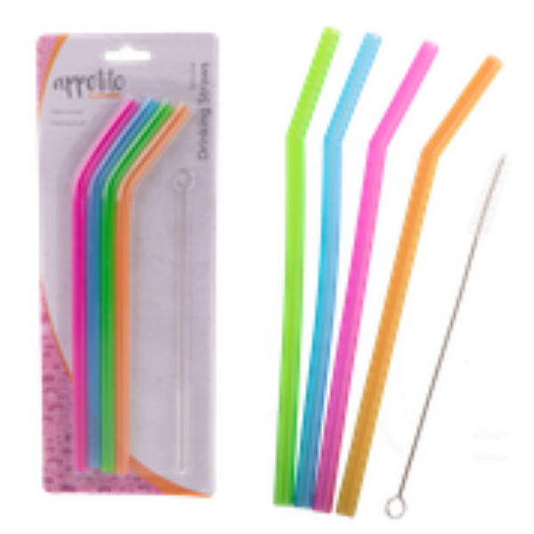 Picture of Silicone Bent Drinking Straws set of 4 - with Brush